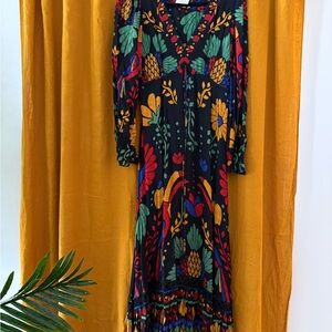 Anthropologie Farm Rio Black Multicolor Floral Long Sleeve Dress